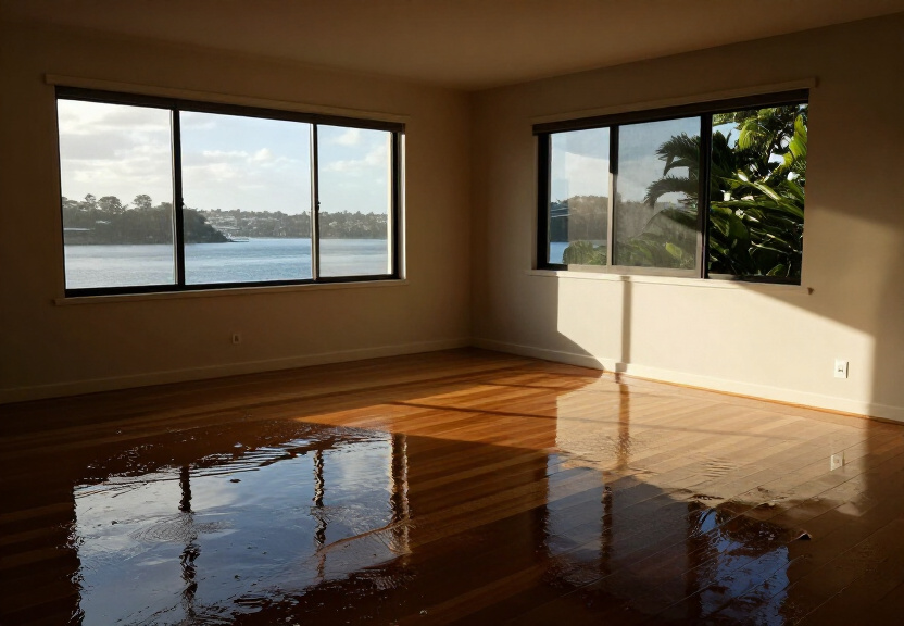 Flooded living room in Revesby Heights before restoration